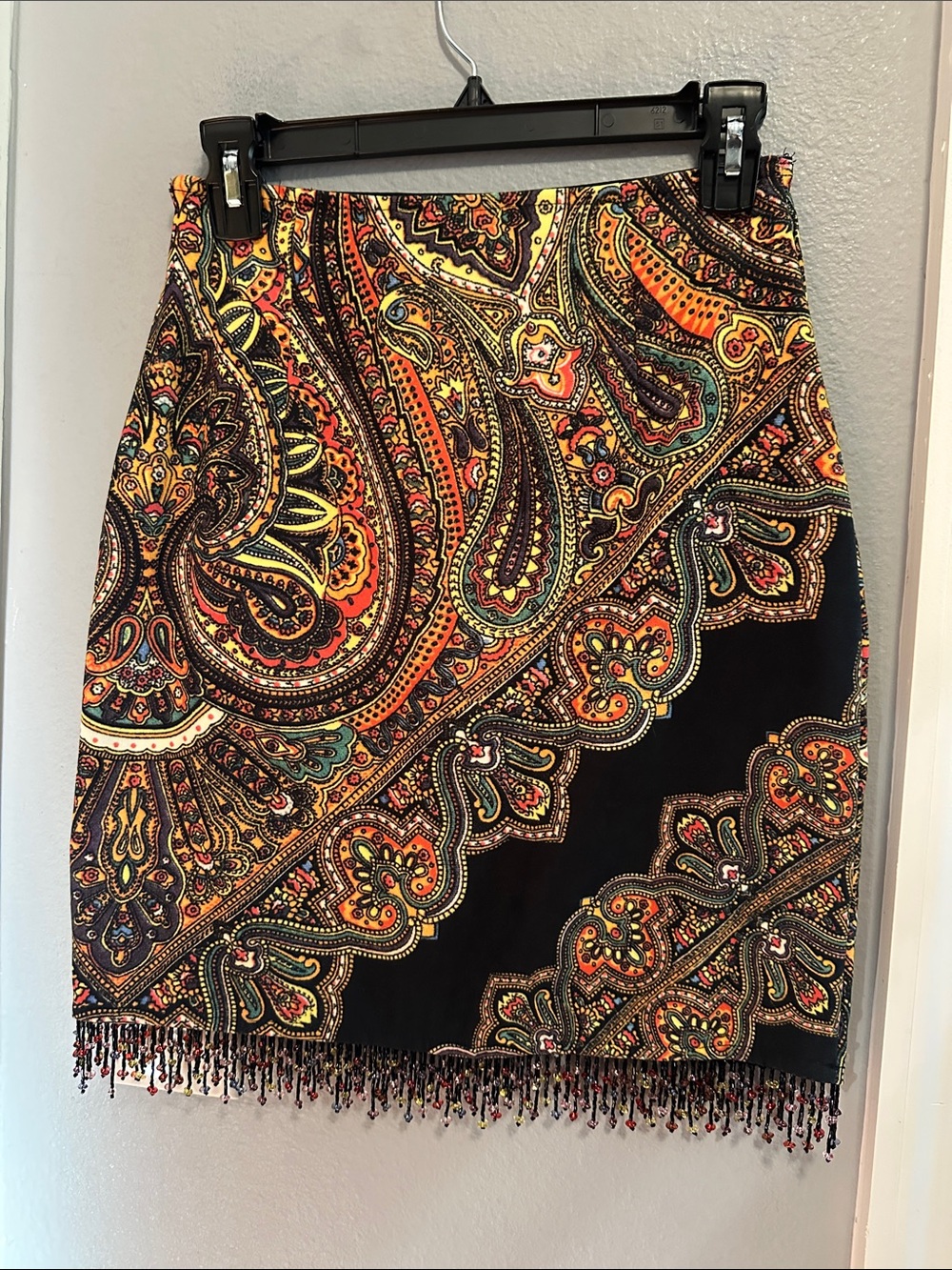 Vintage 90s Y2K Linda Segal Paisley Print Skirt Velvet Feel Beaded Fringe
